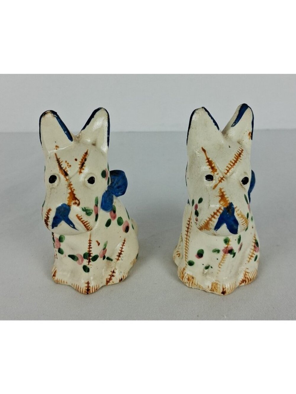 VTG Gingham Hand-Painted Scottie Dog Salt & Pepper Shakers Floral Design & Blue